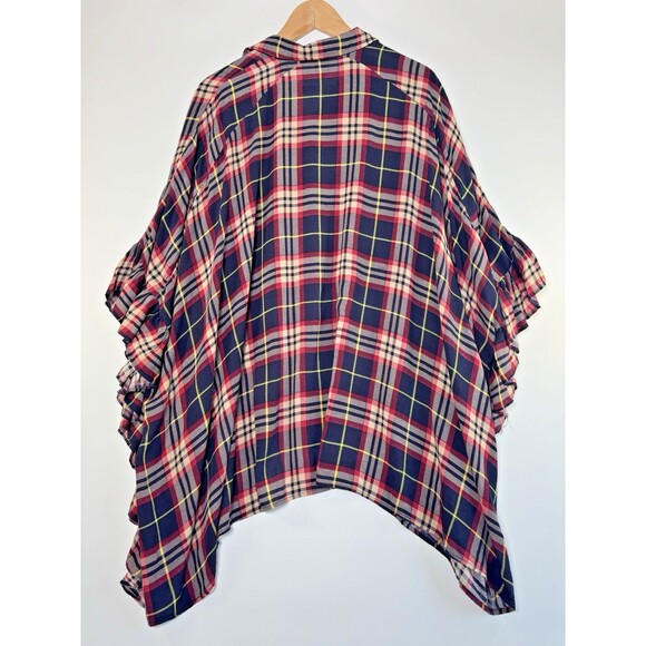 I Joah Womens Medium Oversized Plaid Ruffle Tunic Top Blue Red Poncho Boho Rayon - Picture 5 of 11